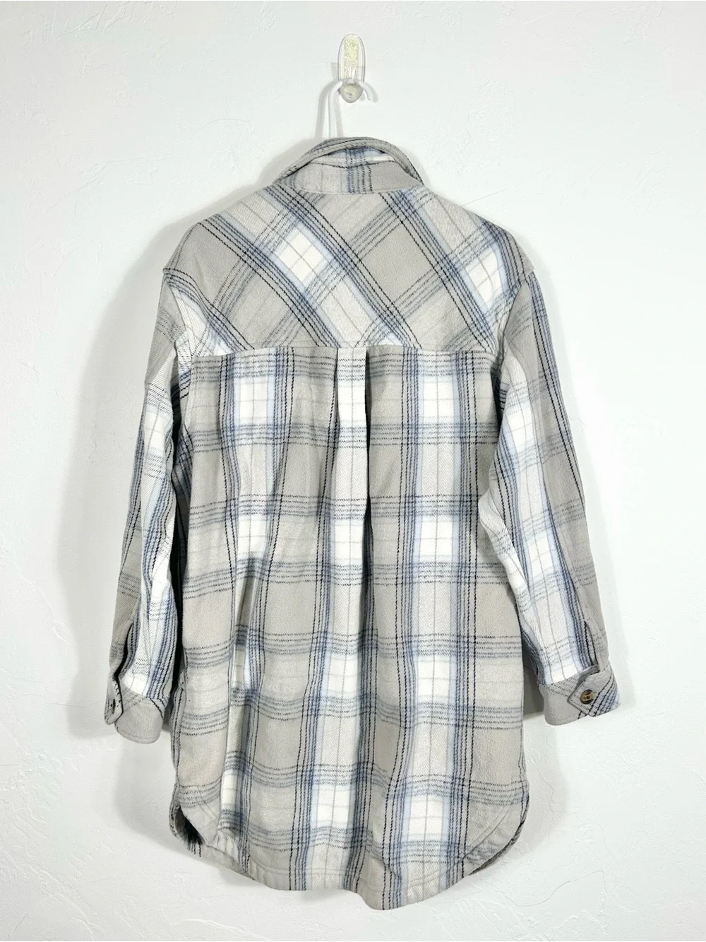 Aerie Oversized Plaid Cotton Flannel Long Shacket Chilly Blue Grey Button Up M